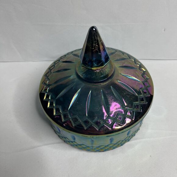 Vintage Indiana Glass Princess Blue Carnival Iridescent Candy Dish With Lids - Picture 2 of 10